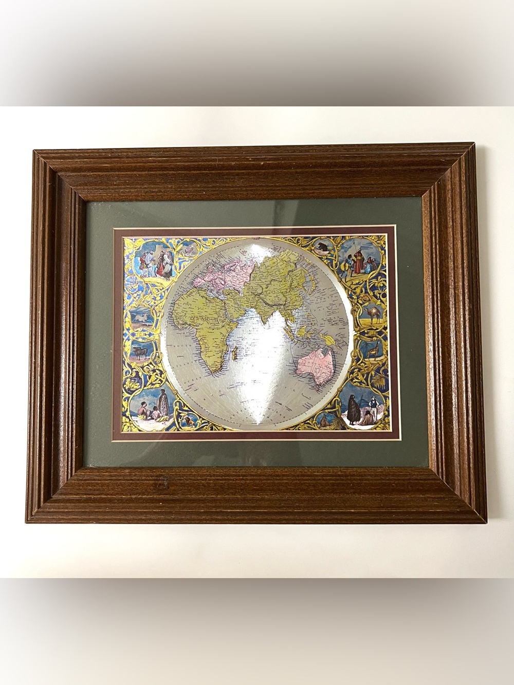 VTG Silver Foil Optical Illusion Old World Map Eastern Hemisphere Wall Art Decor